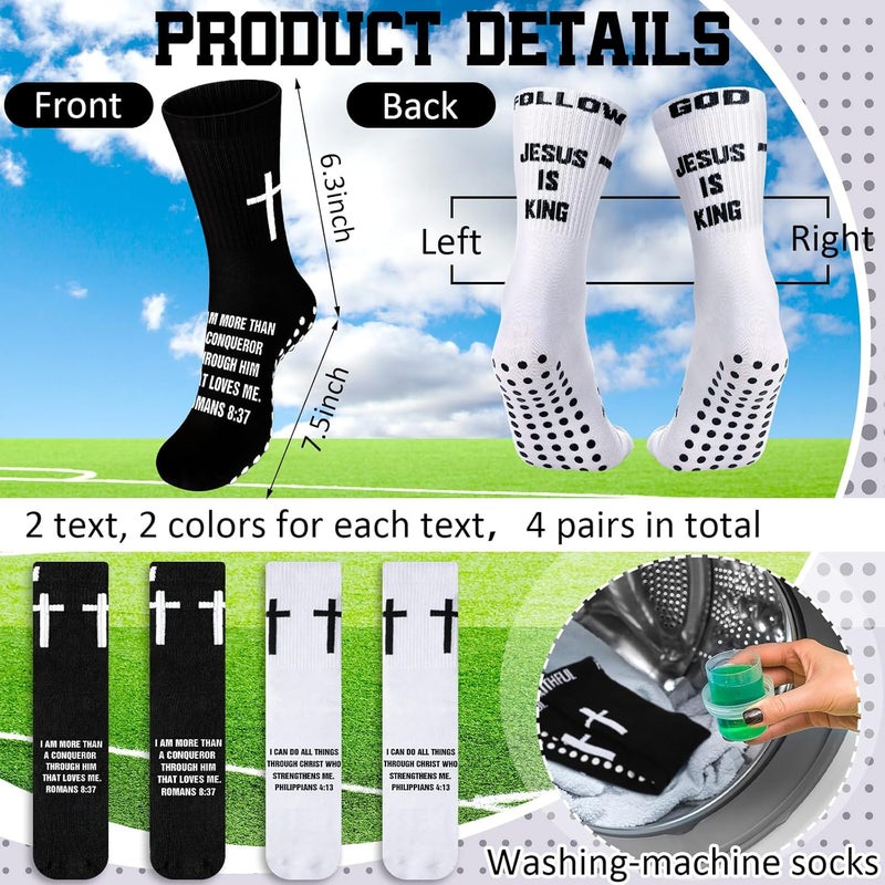 Jamntower 4 Pairs Cross Grip Soccer Socks with Bible Verse Anti Slip Religious Jesus Christian Football Sock with Rubber Dots - Image 2